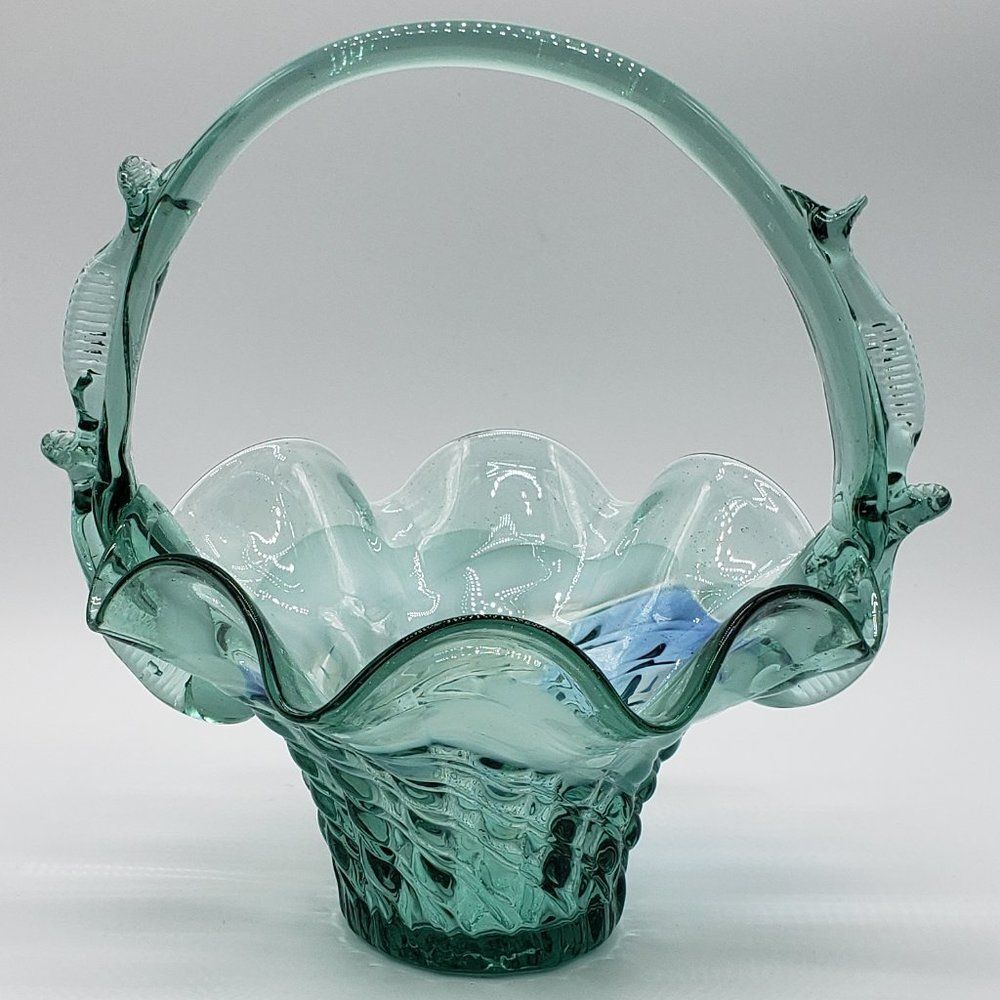 Teal White Blue Vintage Art Glass Ruffled Waffle Fruit Basket with Handle